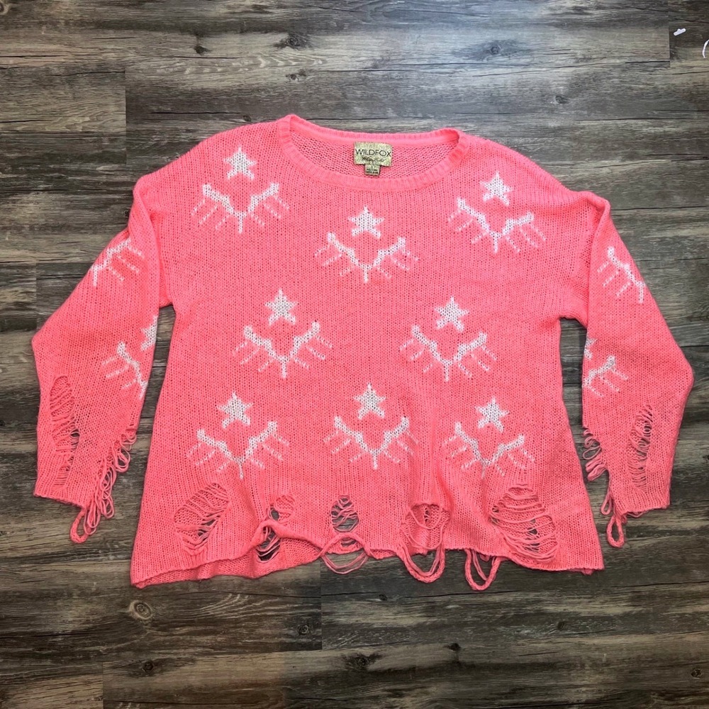 Wildfox Pink Distressed Star Sweater Large‎ Oversized Grunge Boho Festival Knit